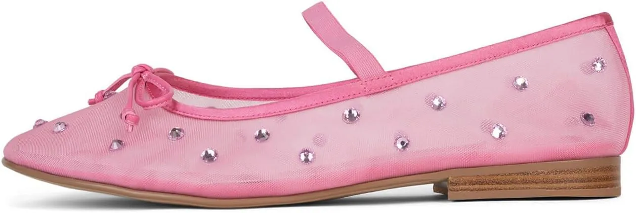 Crystal Mesh Ballet Flats for Women Stretch Band Snip Toe Ballerinas Flats Rhinestone Sparkly Mary Jane Flat Shoes