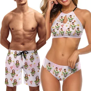 Custom Face Couple Matching Swimwear Personalized Bikini Set Swim Shorts High Waisted Bikini Swimsuit Bathing Suit for Gift