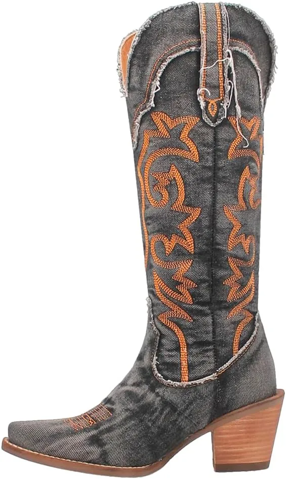 Dingo Womens Texas Tornado Embroidery Snip Toe Casual Boots Knee High Mid Heel 2-3" - Black, Orange