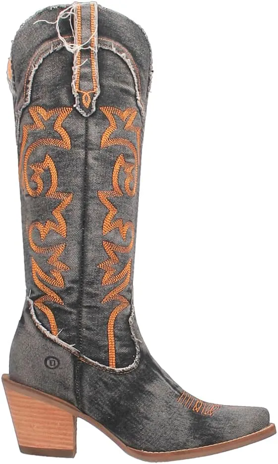 Dingo Womens Texas Tornado Embroidery Snip Toe Casual Boots Knee High Mid Heel 2-3" - Black, Orange