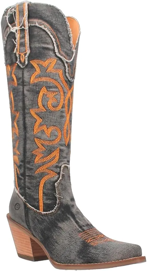 Dingo Womens Texas Tornado Embroidery Snip Toe Casual Boots Knee High Mid Heel 2-3" - Black, Orange
