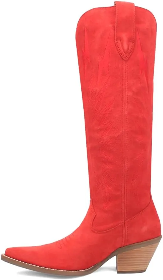 Dingo Womens Thunder Road Embroidered Snip Toe Casual Boots Knee High Mid Heel 2-3" - Black