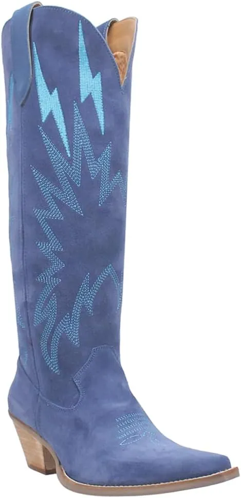 Dingo Womens Thunder Road Embroidered Snip Toe Casual Boots Knee High Mid Heel 2-3" - Black