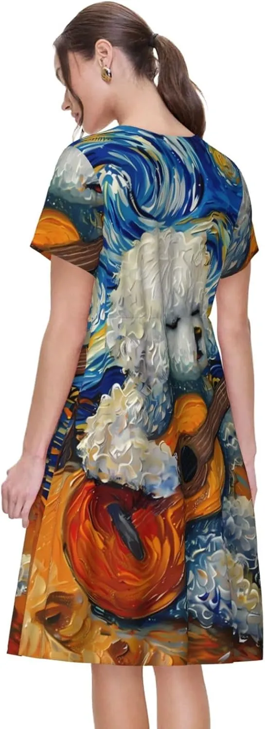 Dog Guitar Starry Night for Women's Casual Short Sleeve Dress with Pockets Dress for Summer,Travel,Lounging-