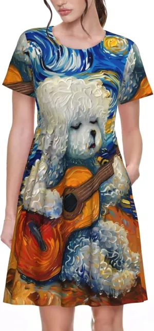 Dog Guitar Starry Night for Women's Casual Short Sleeve Dress with Pockets Dress for Summer,Travel,Lounging-