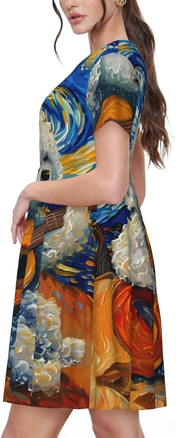 Dog Guitar Starry Night for Women's Casual Short Sleeve Dress with Pockets Dress for Summer,Travel,Lounging-
