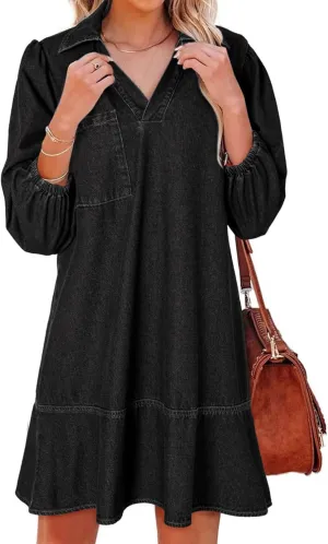 Dokotoo Denim Dress for Women Summer Casual Babydoll 2025 V Neck 3/4 Puff Sleeve Jean Dresses