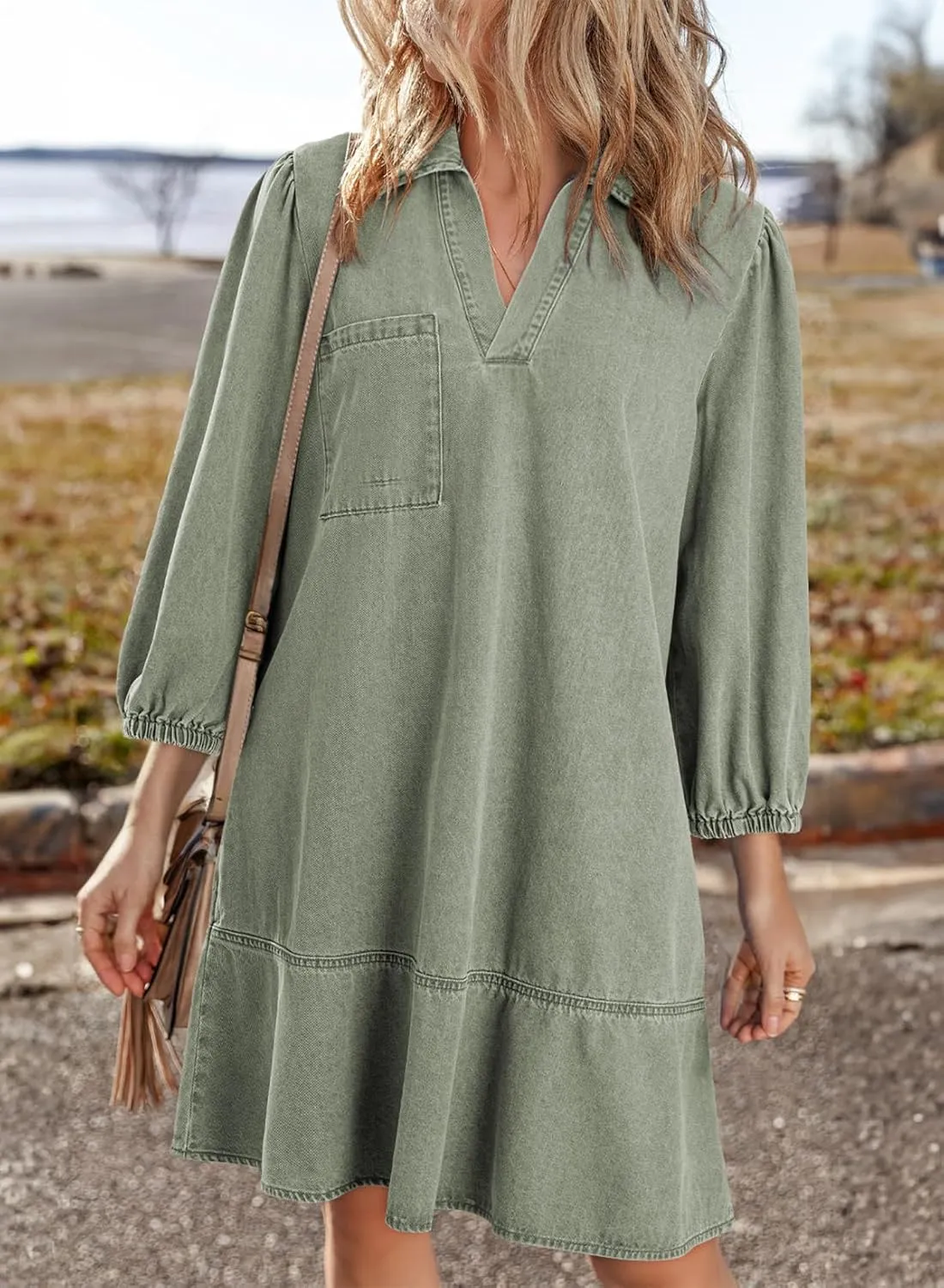 Dokotoo Denim Dress for Women Summer Casual Babydoll 2025 V Neck 3/4 Puff Sleeve Jean Dresses