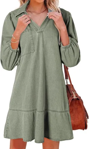 Dokotoo Denim Dress for Women Summer Casual Babydoll 2025 V Neck 3/4 Puff Sleeve Jean Dresses