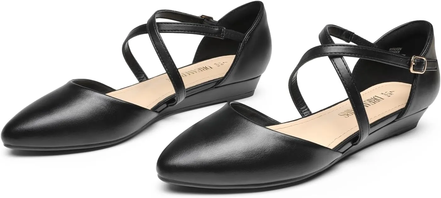 DREAM PAIRS Pointed Toe Low Wedge Heeled Ankle Strap Flats Shoes for Women Dressy Comfortable, Casual Slip-on Dress Shoes for Business Office and Work