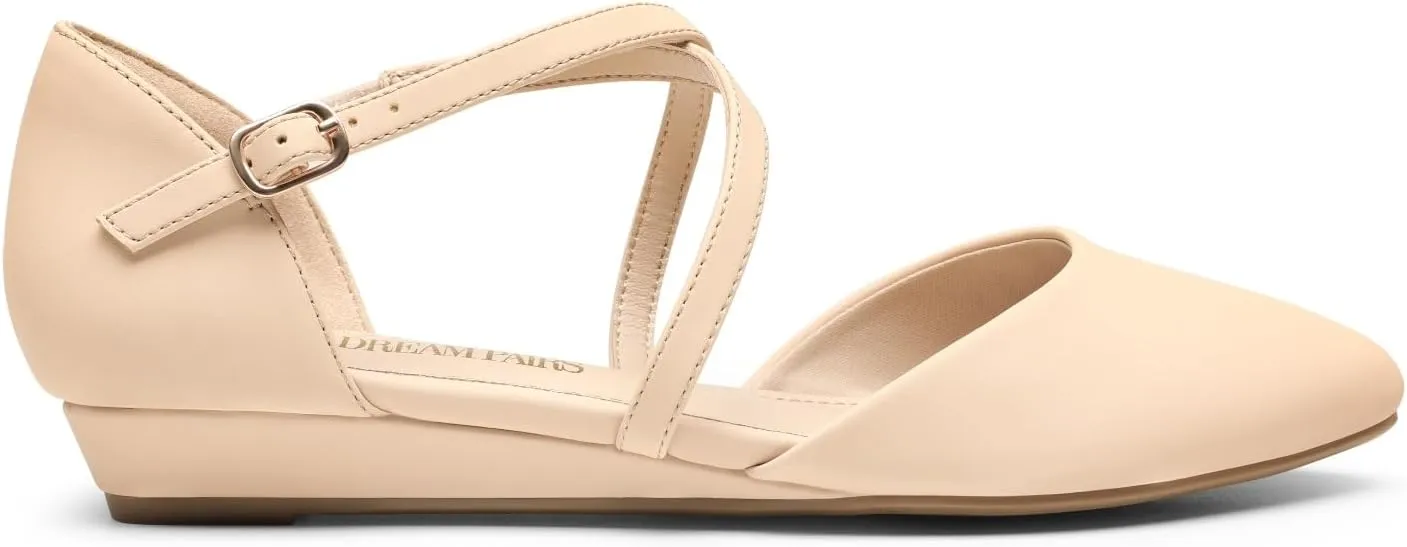 DREAM PAIRS Pointed Toe Low Wedge Heeled Ankle Strap Flats Shoes for Women Dressy Comfortable, Casual Slip-on Dress Shoes for Business Office and Work
