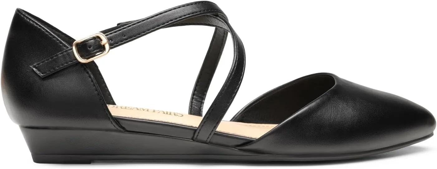 DREAM PAIRS Pointed Toe Low Wedge Heeled Ankle Strap Flats Shoes for Women Dressy Comfortable, Casual Slip-on Dress Shoes for Business Office and Work