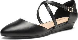 DREAM PAIRS Pointed Toe Low Wedge Heeled Ankle Strap Flats Shoes for Women Dressy Comfortable, Casual Slip-on Dress Shoes for Business Office and Work