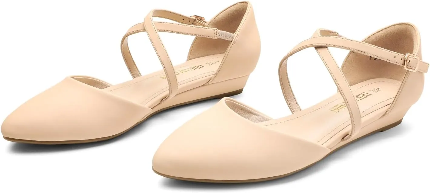 DREAM PAIRS Pointed Toe Low Wedge Heeled Ankle Strap Flats Shoes for Women Dressy Comfortable, Casual Slip-on Dress Shoes for Business Office and Work