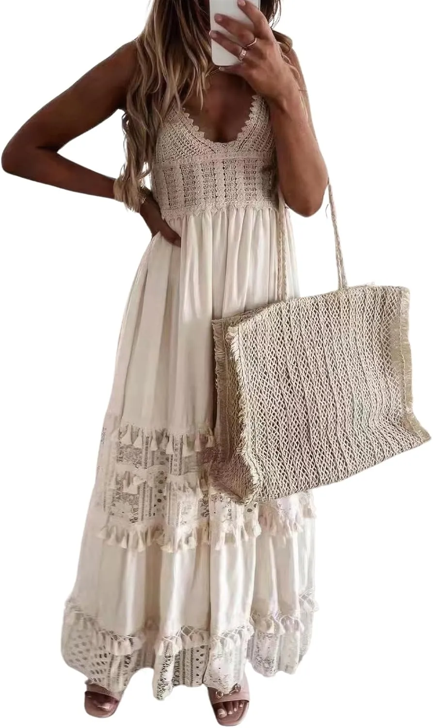 ebossy Women's Lace Crochet Eyelet Long Slip Dress Backless Tied Flowy Smocked Boho Tassels Beach Sundress