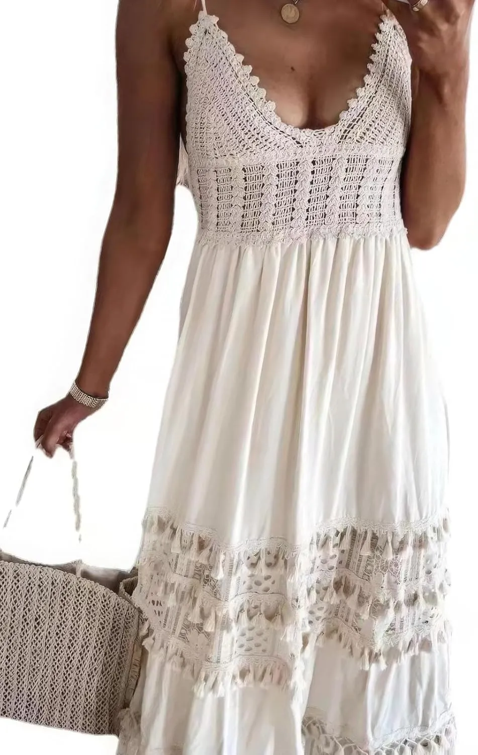 ebossy Women's Lace Crochet Eyelet Long Slip Dress Backless Tied Flowy Smocked Boho Tassels Beach Sundress