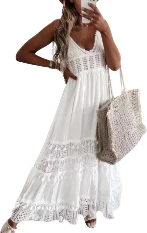 ebossy Women's Lace Crochet Eyelet Long Slip Dress Backless Tied Flowy Smocked Boho Tassels Beach Sundress
