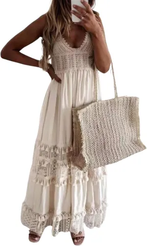 ebossy Women's Lace Crochet Eyelet Long Slip Dress Backless Tied Flowy Smocked Boho Tassels Beach Sundress