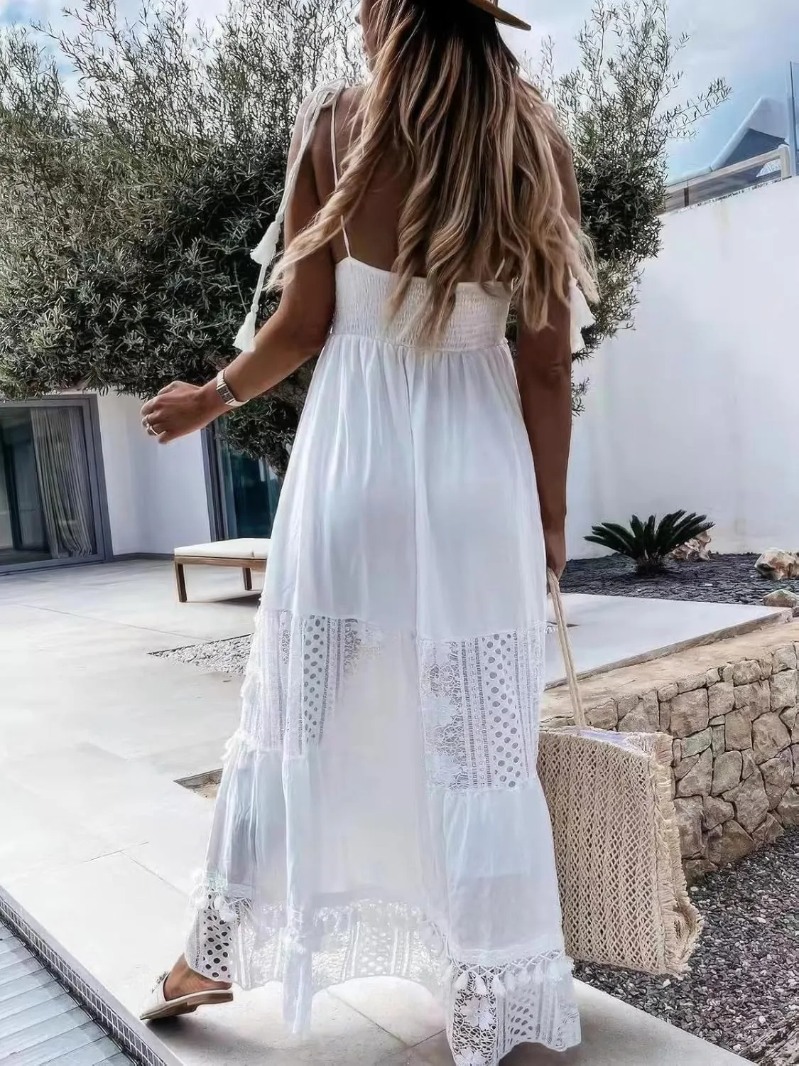 ebossy Women's Lace Crochet Eyelet Long Slip Dress Backless Tied Flowy Smocked Boho Tassels Beach Sundress
