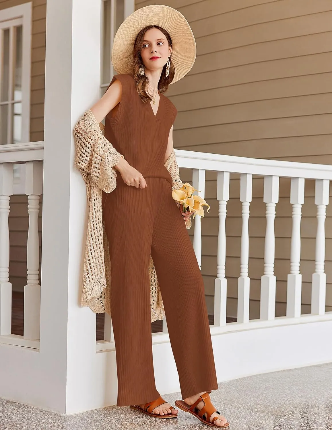 Ekouaer Lounge Sets for Women 2 Piece Outfits Knit Sweater Vest Lounge Pants Casual Matching Loungewear Set