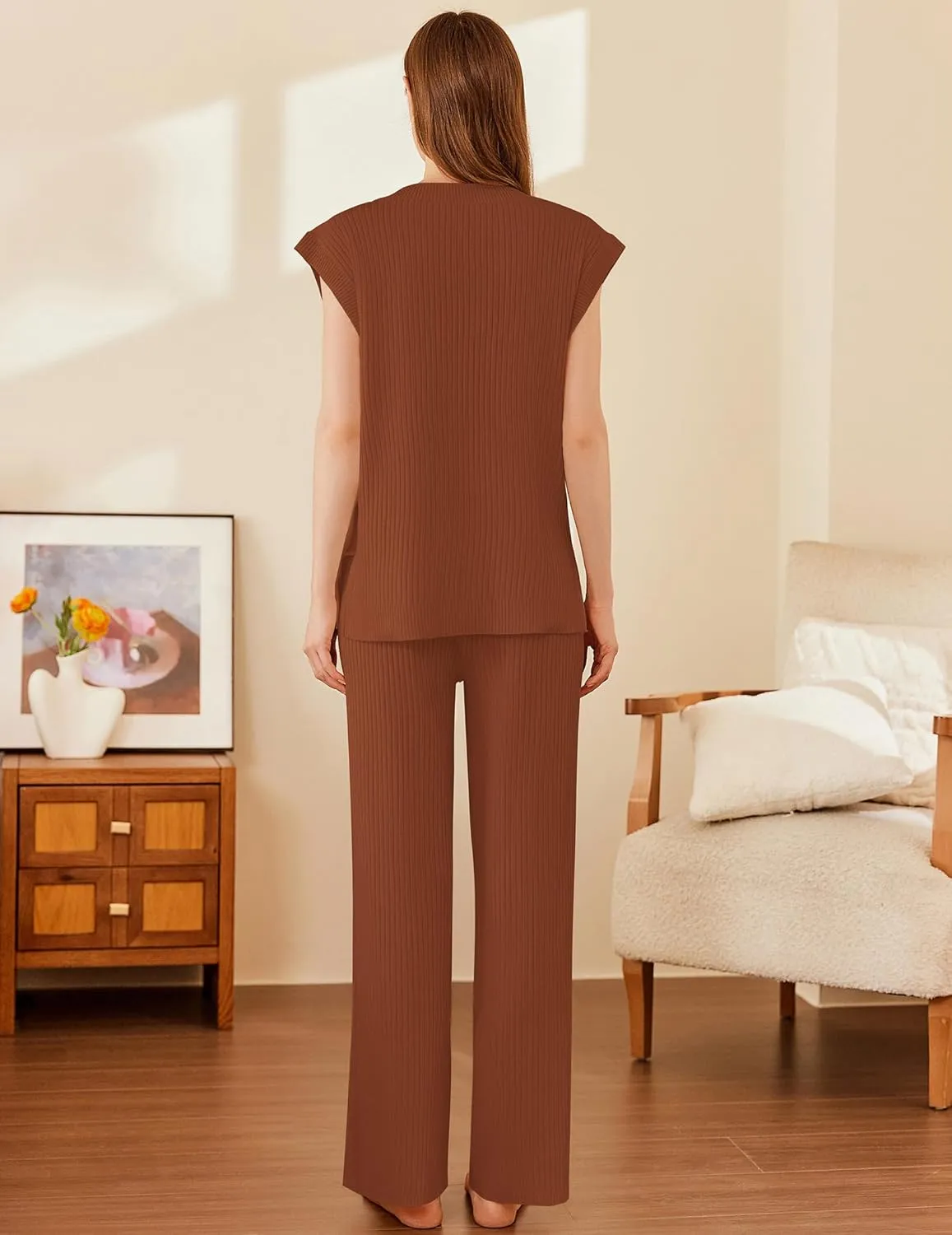 Ekouaer Lounge Sets for Women 2 Piece Outfits Knit Sweater Vest Lounge Pants Casual Matching Loungewear Set