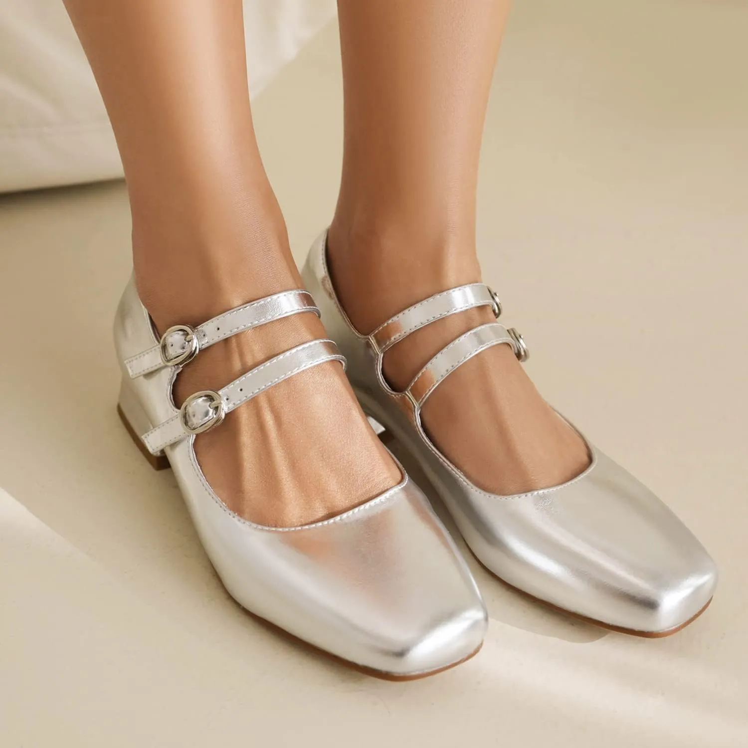 Elerhythm Women's Mary Jane Square Closed Toe Casual with Double Ankle Strap Dressy Flats Chunky Block Low Heel Elegantes Comfortable Soft Cute Shoes