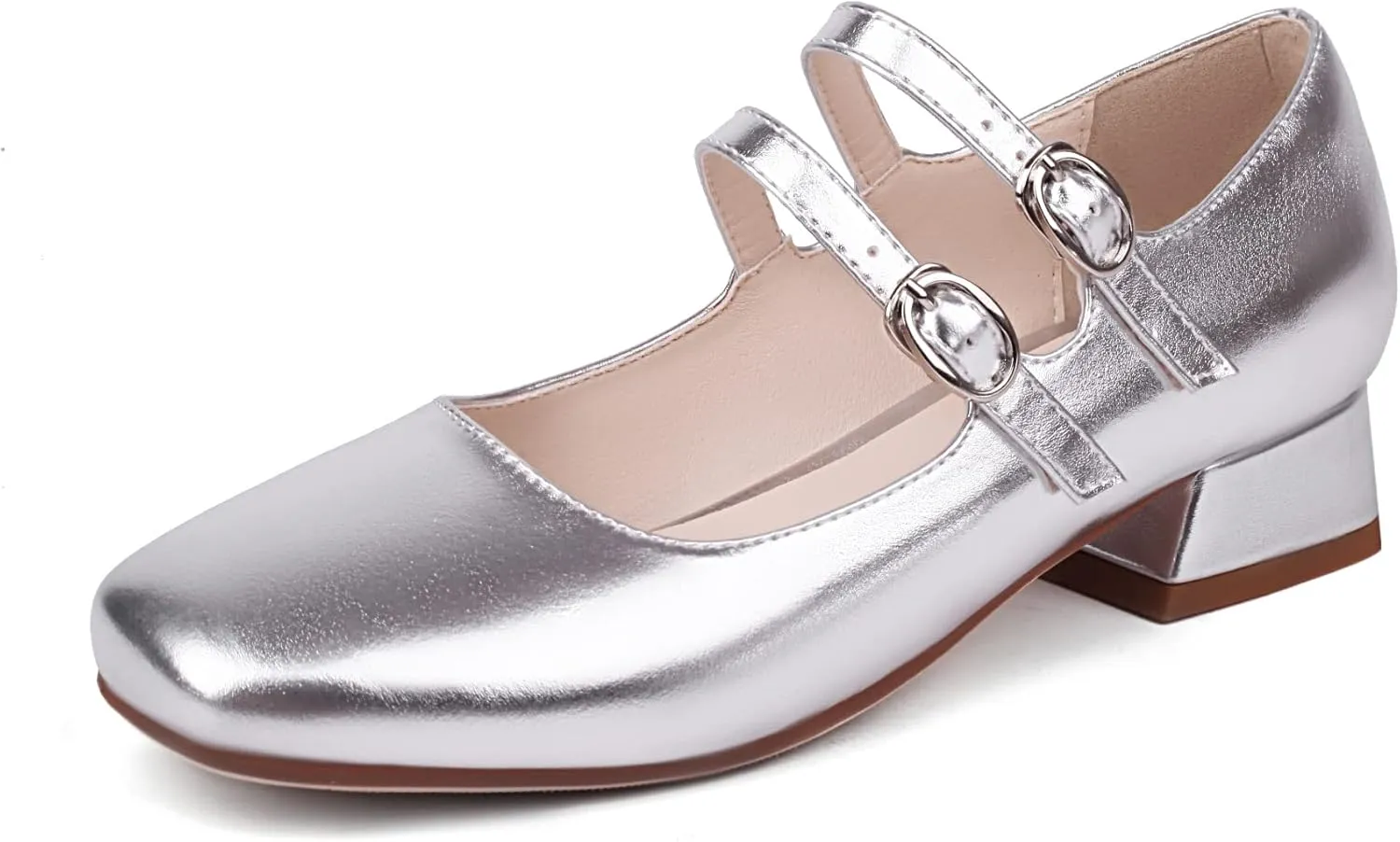 Elerhythm Women's Mary Jane Square Closed Toe Casual with Double Ankle Strap Dressy Flats Chunky Block Low Heel Elegantes Comfortable Soft Cute Shoes