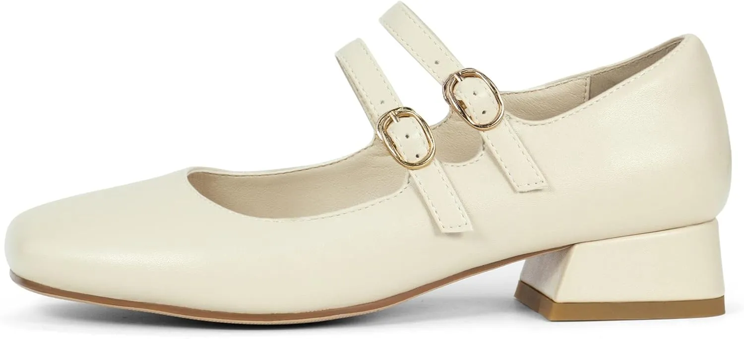 Elerhythm Women's Mary Jane Square Closed Toe Casual with Double Ankle Strap Dressy Flats Chunky Block Low Heel Elegantes Comfortable Soft Cute Shoes