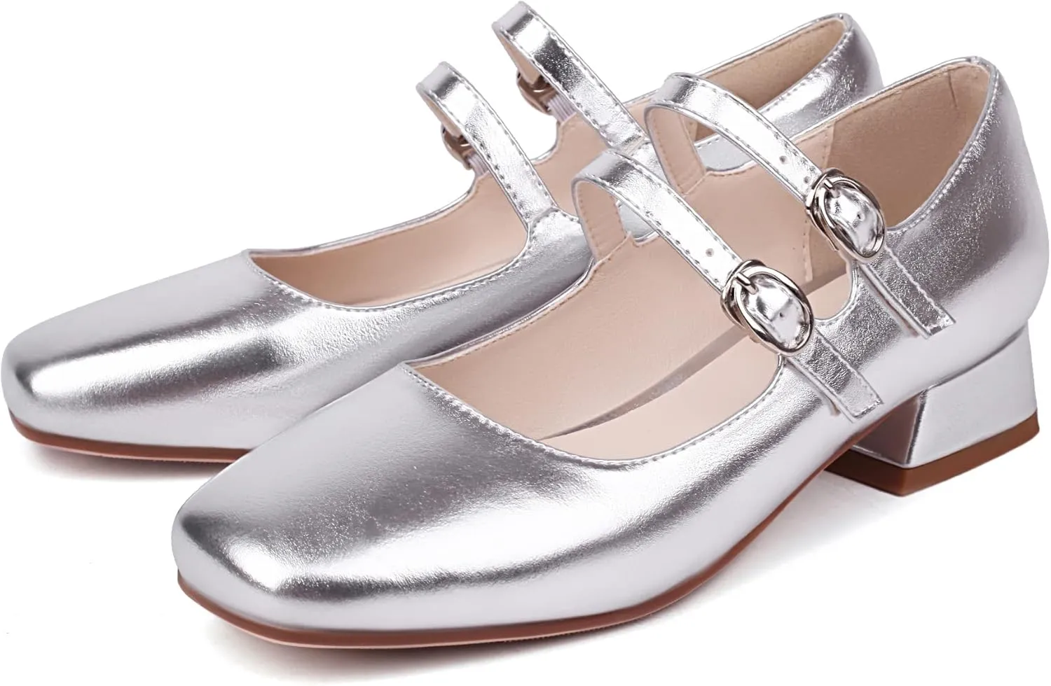 Elerhythm Women's Mary Jane Square Closed Toe Casual with Double Ankle Strap Dressy Flats Chunky Block Low Heel Elegantes Comfortable Soft Cute Shoes