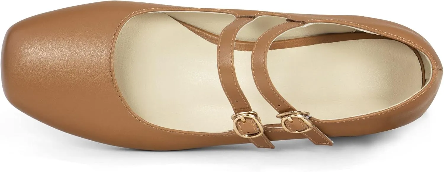 Elerhythm Women's Mary Jane Square Closed Toe Casual with Double Ankle Strap Dressy Flats Chunky Block Low Heel Elegantes Comfortable Soft Cute Shoes
