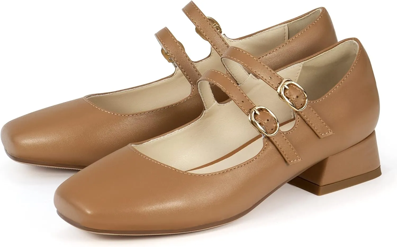 Elerhythm Women's Mary Jane Square Closed Toe Casual with Double Ankle Strap Dressy Flats Chunky Block Low Heel Elegantes Comfortable Soft Cute Shoes