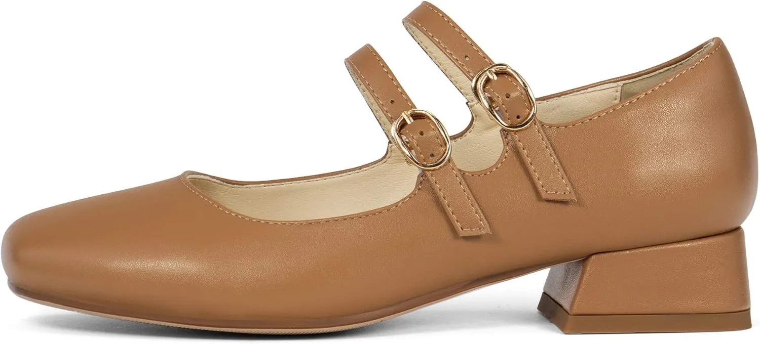 Elerhythm Women's Mary Jane Square Closed Toe Casual with Double Ankle Strap Dressy Flats Chunky Block Low Heel Elegantes Comfortable Soft Cute Shoes