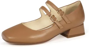 Elerhythm Women's Mary Jane Square Closed Toe Casual with Double Ankle Strap Dressy Flats Chunky Block Low Heel Elegantes Comfortable Soft Cute Shoes