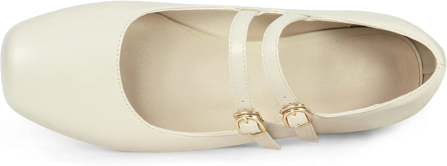 Elerhythm Women's Mary Jane Square Closed Toe Casual with Double Ankle Strap Dressy Flats Chunky Block Low Heel Elegantes Comfortable Soft Cute Shoes