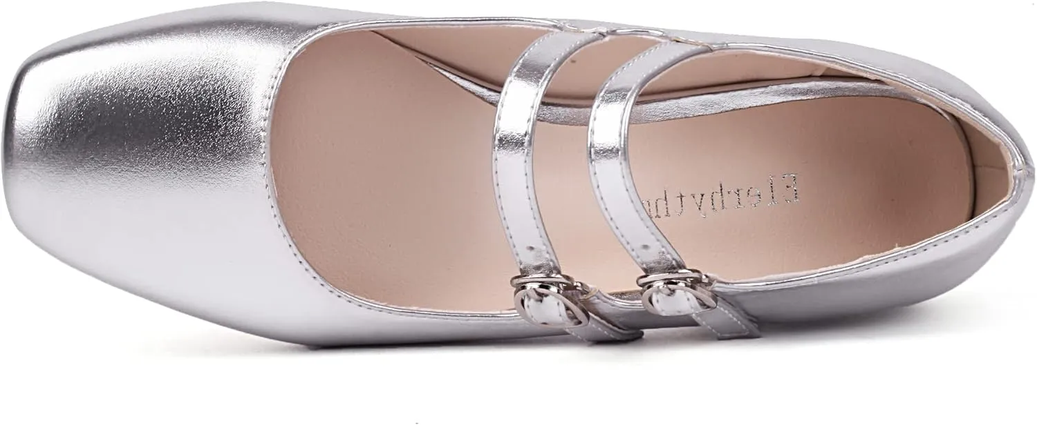 Elerhythm Women's Mary Jane Square Closed Toe Casual with Double Ankle Strap Dressy Flats Chunky Block Low Heel Elegantes Comfortable Soft Cute Shoes