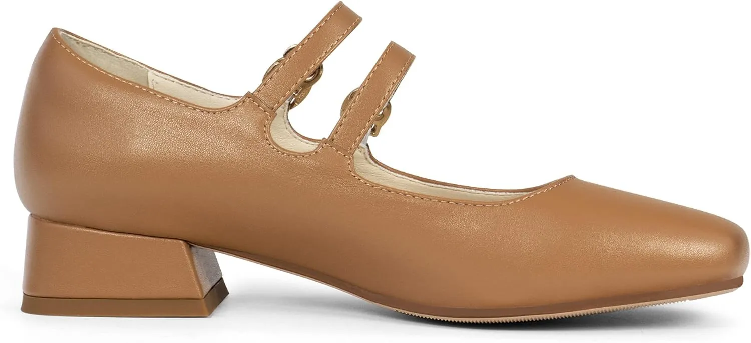 Elerhythm Women's Mary Jane Square Closed Toe Casual with Double Ankle Strap Dressy Flats Chunky Block Low Heel Elegantes Comfortable Soft Cute Shoes