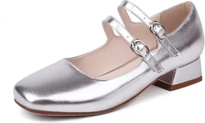 Elerhythm Women's Mary Jane Square Closed Toe Casual with Double Ankle Strap Dressy Flats Chunky Block Low Heel Elegantes Comfortable Soft Cute Shoes