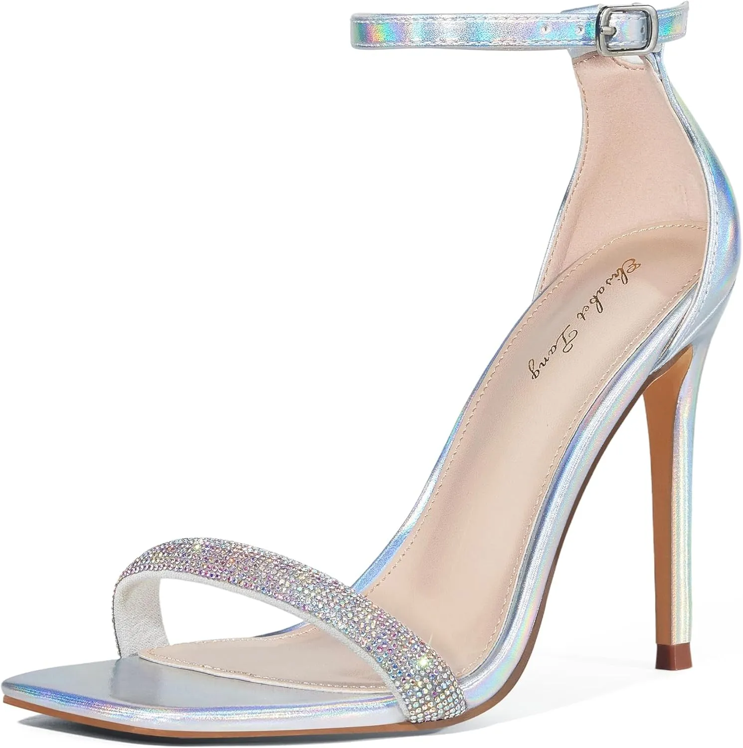 Elisabet Tang Women's Stiletto Heels Square Open Toe Ankle Strap High Heeled Sandals 4 Inch Comfort Sexy Dressy Shoes
