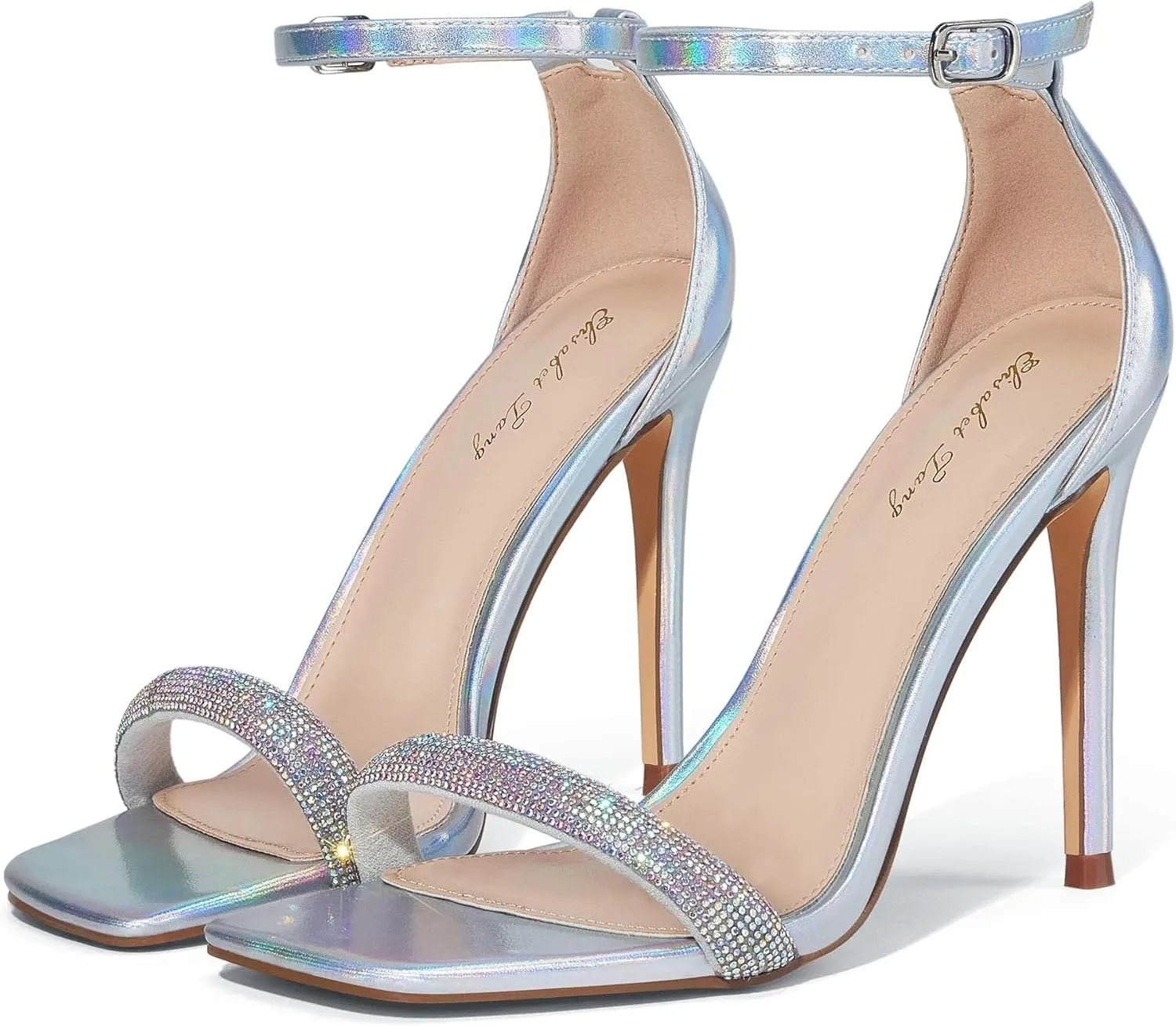 Elisabet Tang Women's Stiletto Heels Square Open Toe Ankle Strap High Heeled Sandals 4 Inch Comfort Sexy Dressy Shoes