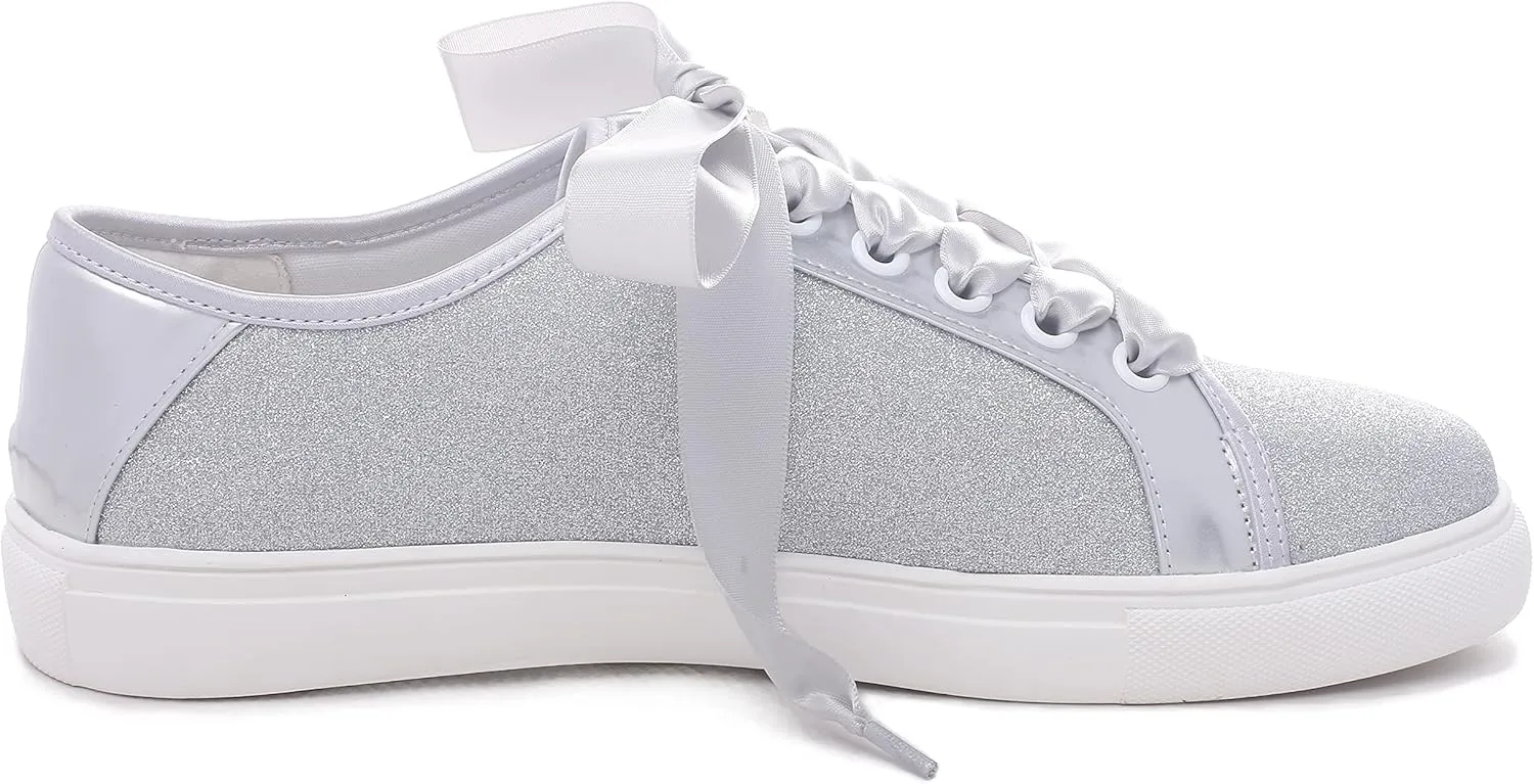 Elivandon Wedding Shoes Bling Bridal Sneakers Flats Bride Tennis Shoes Shiny Sequin Sparkly Sneakers