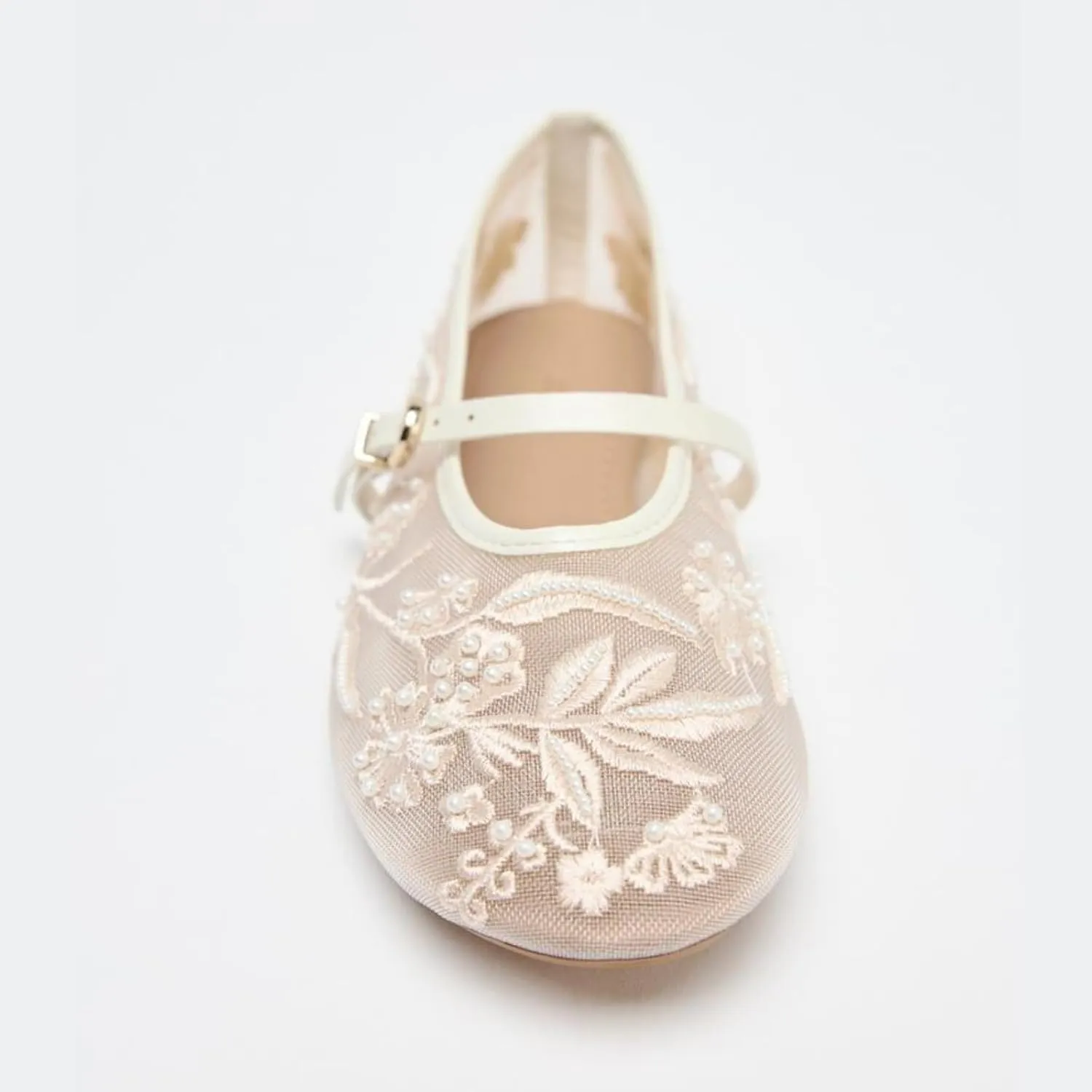 Embroidered Floral Mesh Ballet Flat for Women Round Toe Flats with Buckle Strap Slip On Mary Jane Flats Comfortable Casual Studded Ballerina Shoes