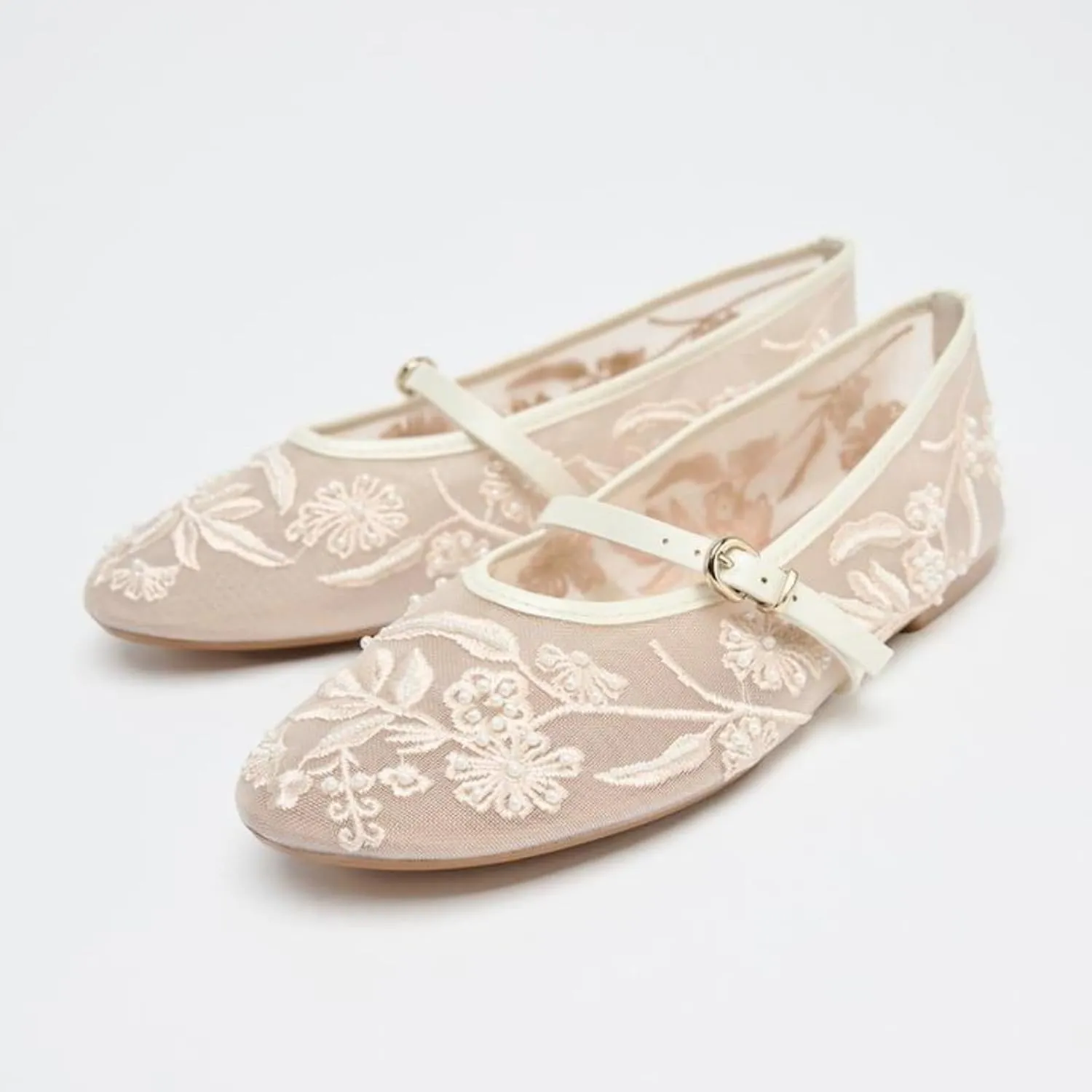 Embroidered Floral Mesh Ballet Flat for Women Round Toe Flats with Buckle Strap Slip On Mary Jane Flats Comfortable Casual Studded Ballerina Shoes