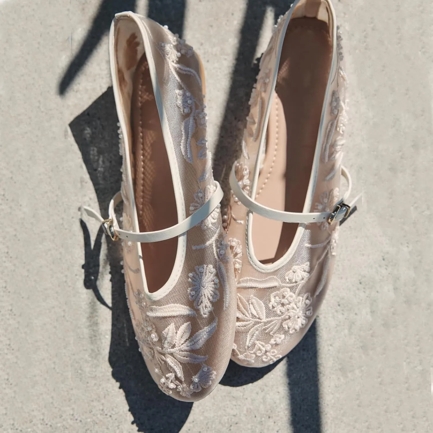 Embroidered Floral Mesh Ballet Flat for Women Round Toe Flats with Buckle Strap Slip On Mary Jane Flats Comfortable Casual Studded Ballerina Shoes