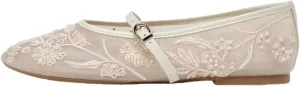 Embroidered Floral Mesh Ballet Flat for Women Round Toe Flats with Buckle Strap Slip On Mary Jane Flats Comfortable Casual Studded Ballerina Shoes