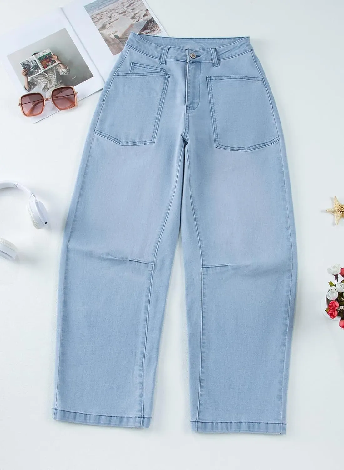 EVALESS Womens Baggy Barrel Jeans High Waisted Wide Leg Boyfriend Denim Ankle Pants