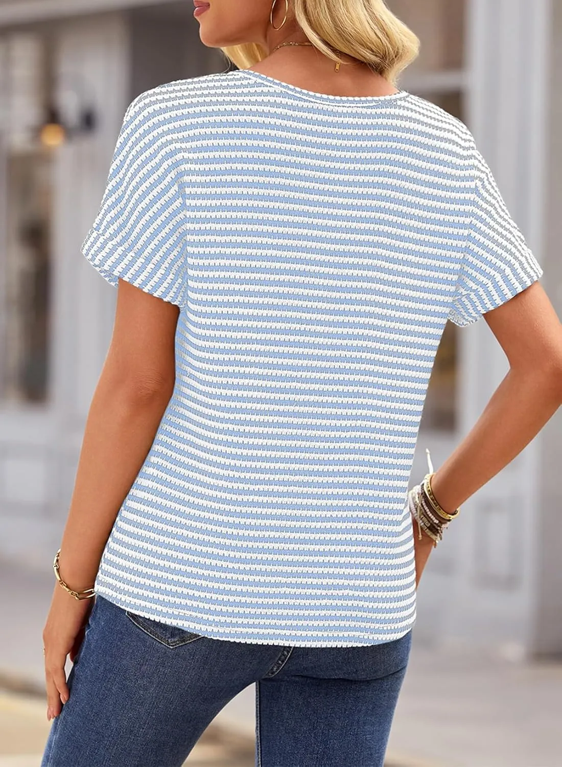 EVALESS Womens Dressy Casual Cap Short Sleeve Tops Trendy Summer V Neck Loose Striped Casual Basic T Shirts Tee Blouses