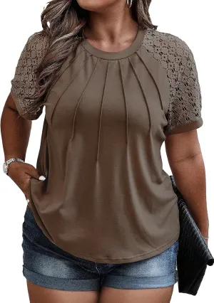 Eytino Plus Size Tops for Women Summer Lace Short Sleeve Crewneck Loose Casual Blouse Tunic T Shirts(1X-5X)