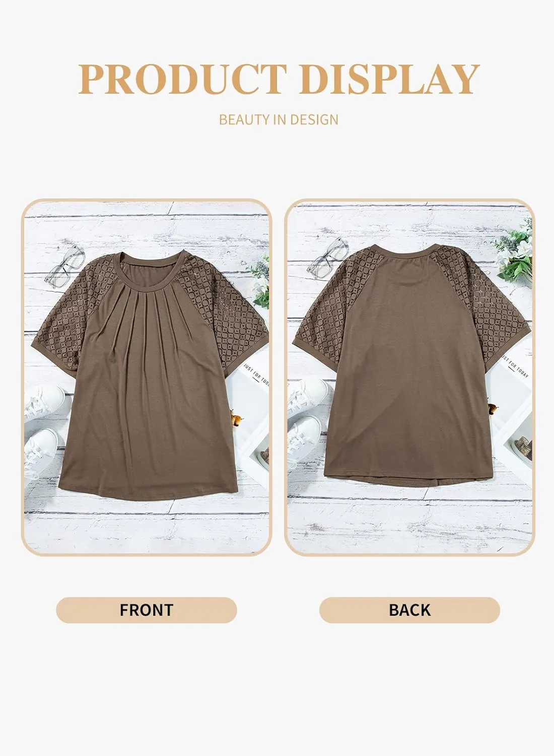 Eytino Plus Size Tops for Women Summer Lace Short Sleeve Crewneck Loose Casual Blouse Tunic T Shirts(1X-5X)