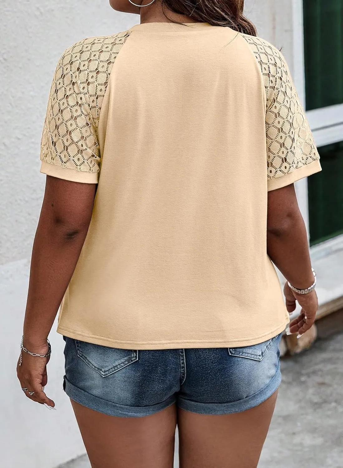 Eytino Plus Size Tops for Women Summer Lace Short Sleeve Crewneck Loose Casual Blouse Tunic T Shirts(1X-5X)
