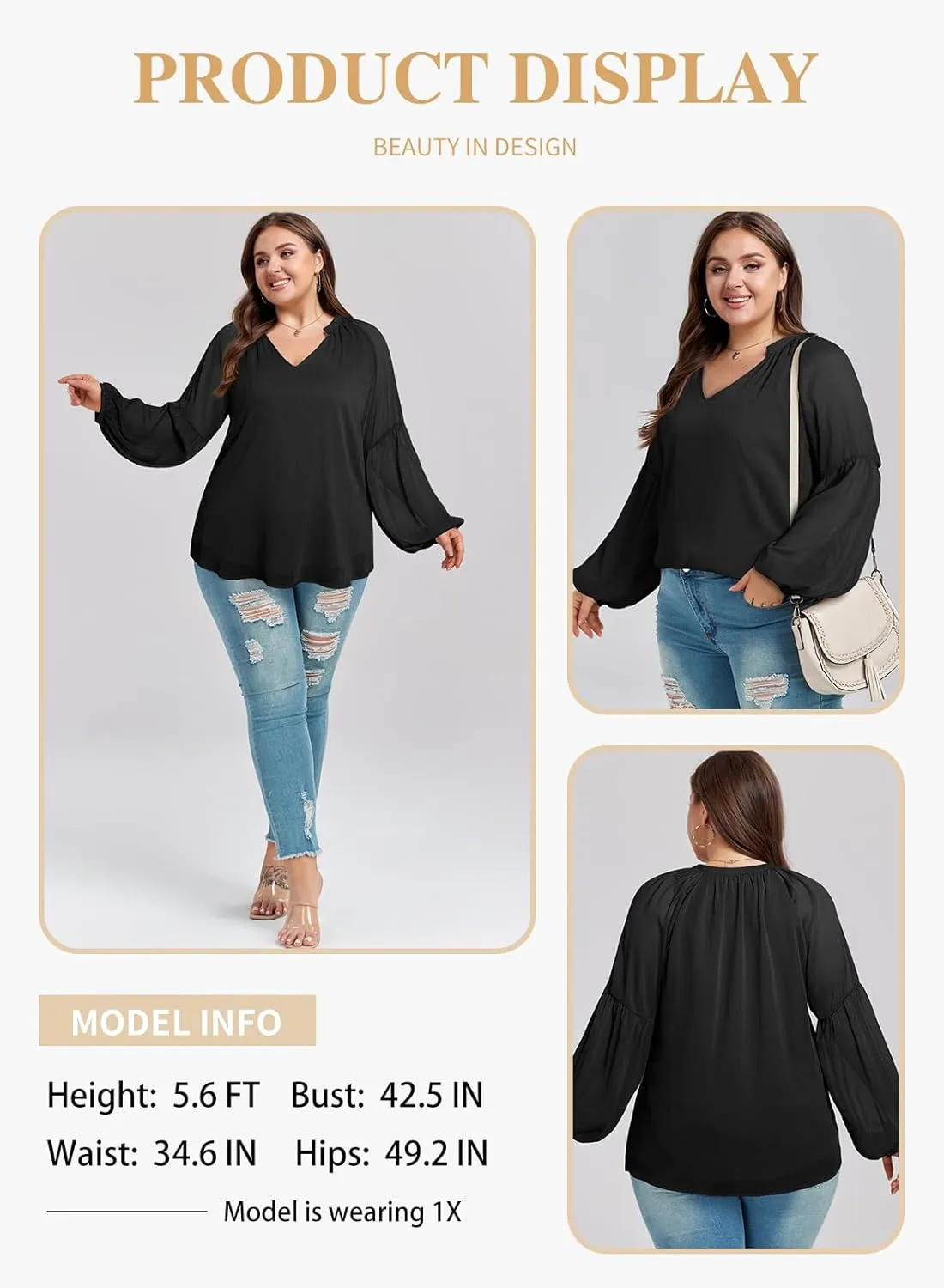 Eytino Women Plus Size Tops Summer V Neck Long Sleeve Button Down Pleated Business Work Blouse Shirts(1X-5X)